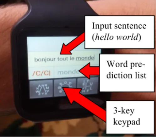 Figure 2 shows the UniWatch keypad. Note that the  three keys occupied the quarter of the screen, the  complete entry window with the text line and the  prediction line nearly occupies the three quarter of the  screen