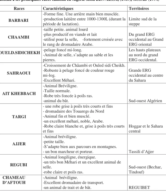 Tableau   les principales races camelin en Algérie selon BEN AISSA, (1989), ACSAD (1994)  Races  Caractéristiques  Territoires  BARBARI 