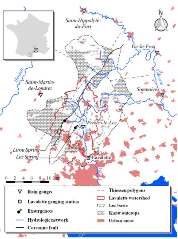 Figure 1. Map of the Lez hydrosystem with location of karst out- out-crops, rain gauges, gauging stations, springs, Causses de  Viols-le-Fort and de l’Hortus and of Corconne fault