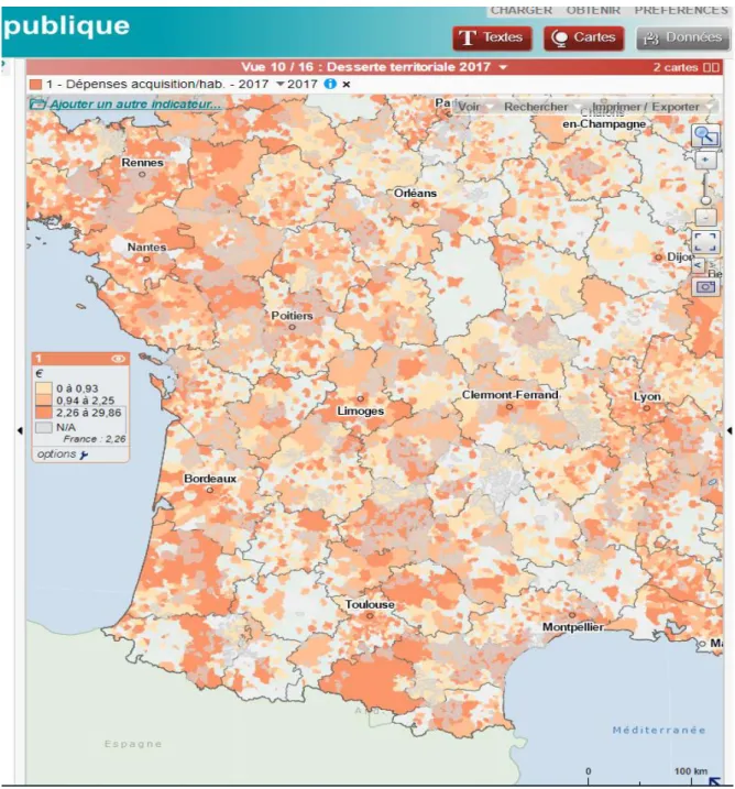 Figure  4  Visualisation  sur  Geoclip  de  l'indicateur  « Dépenses  d’acquisition  par  habitant » 