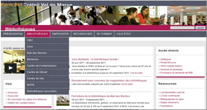 Figure 2. Le site Web des bibliothèques du SCD au sein du site Web de l'Upec.