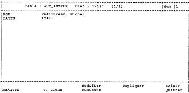 Table :  AUT_AUTEUR  Clef : 12187  (1/1)  jNum  NOM  Paatoureau,  Michel 