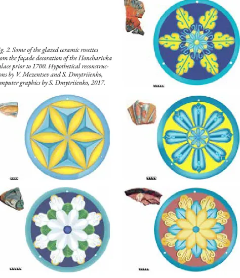 Fig. 2. Some of the glazed ceramic rosettes  from the faҫade decoration of the Honcharivka  palace prior to 1700