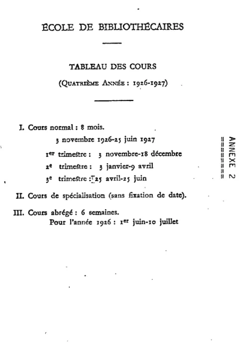 TABLEAU DES COURS  (QUATHISME ANN£B  :  1926-1927) 