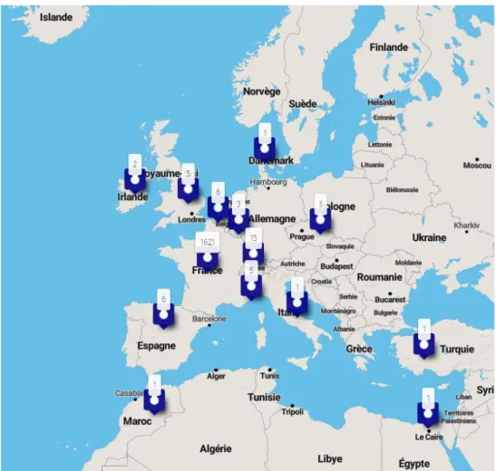 Figure 11 : Les abonnés de la liste BiblioPat en Europe
