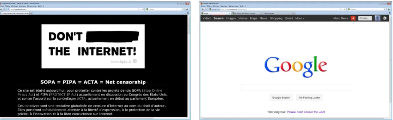 Figure 3 : Blackout du site La Quadrature du Net  Figure 4 : Bandeau de protestation sur le site de  Google 