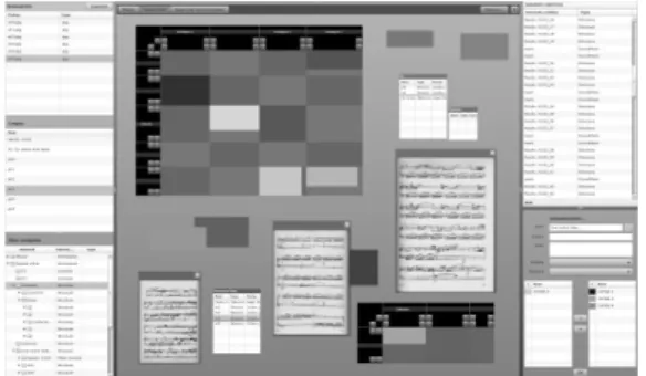 Figure 1. Un espace libre bidimensionnel. Autour, des outils de sémantisation et de visualisation  structurelle accessible à chaque endroit de l’environnement