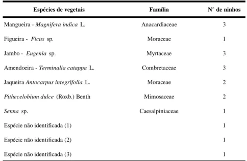 Tabela I. Espécies vegetais e famílias botânicas onde foram encontrados ninhos de Meliponina no Campus  Federação/Ondina da Universidade Federal da Bahia (CFO-UFBA), Salvador - Bahia