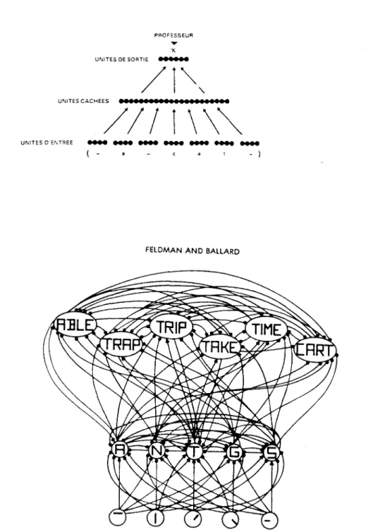 Figure 1. A few of the neighbors of the node for the letter &#34;t&#34; in the first position in a word  and their mterconnections (McClelland 8 Rumelhort, 1981)