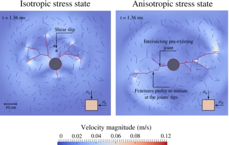 Figure 8: Fracture patterns for the cases of isotropic and anisotropic stress states in a heavily fractured rock formation at time of 1.36 ms since injection