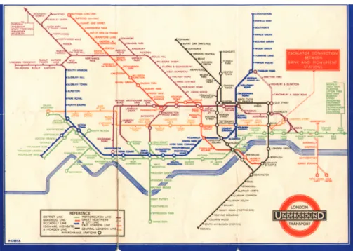 Fig. 2.20 – Carte du métro de Londres par Harry Beck (1933), réalisée en s’inspirant de schémas électriques (angles à 45˚).