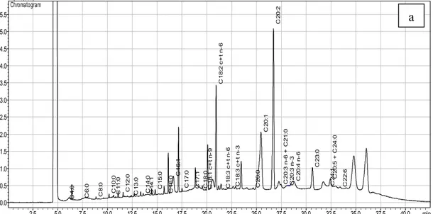 Fig 3. GC−FID profiles of hexane extracts of propolis (a) PR2, and (b) PR8 samples       