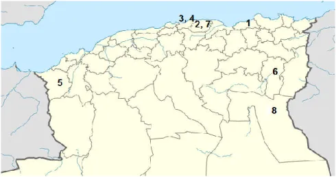 Fig 1. Locations (1-8) where propolis samples were collected in Algeria 