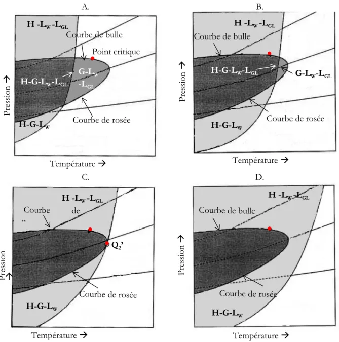 Figure I.7 Diagrammes de phases modifiées d’après Diamond (1994)   4 fractions molaires en azote dans la phase gazeuse (de A à D, 