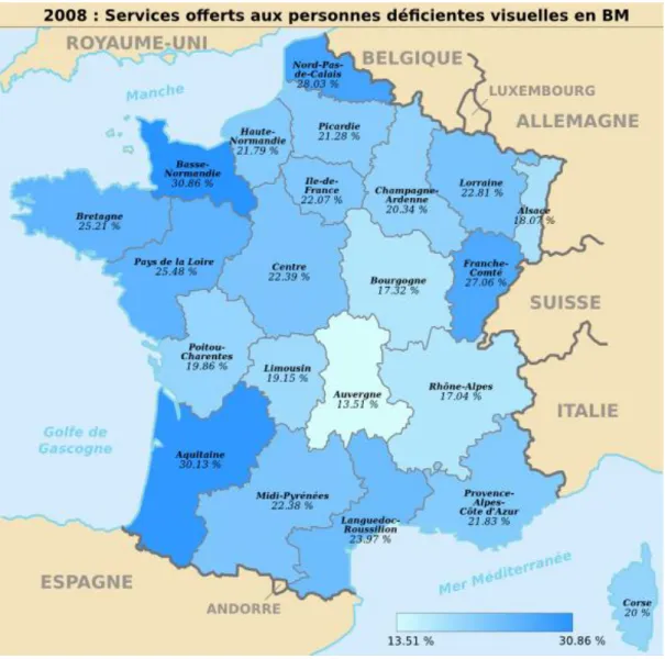 Figure  1  –Carte  représentant  la  répartition  des  services  offerts  aux  personnes  déficientes  visuelles  au  sein des bibliothèques municipales – Données obtenues à partir de l’enquête annuelle 2008 du MCC