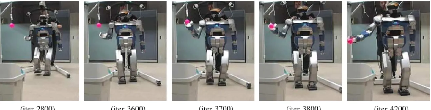 Fig. 7. Experiment B: Key images of the grasping sequence, taken from the embedded (left) camera, and are used during the servo to track the object.