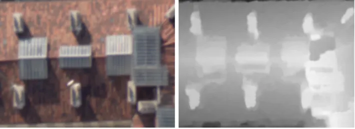 Fig. 1. Image and DEM crops featuring chimneys and glass roofs.