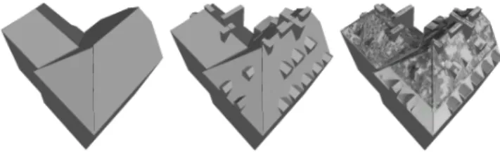 Fig. 5. The input model (left), the reconstructed building (center) and its textured version (right) where each polygon is textured by the most front facing aerial image.