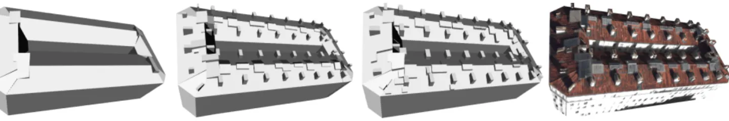 Fig. 6. The input model, the ground truth reconstructed manually, the reconstructed building and its textured version.