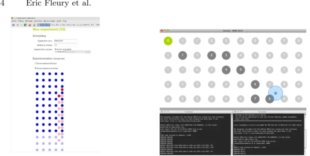 Fig. 10. The SensLAB web portal on the left. Demo visualization interface showing routes, messages transmission and mobile nodes location in the upper window, and messages printing on serial links for sink and mobile nodes on lower windows.