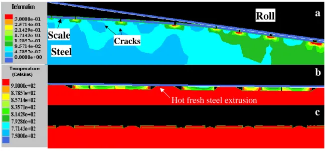 Figure 3: fracture of the oxide layer before the roll bite (a) and subsequent micro- micro-extrusion shown just before (b) and after (c) bite exit