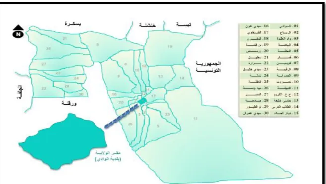 Figure N°04 : Situation géographique de la wilaya d’EL-Oued (Monographie, 2013). 