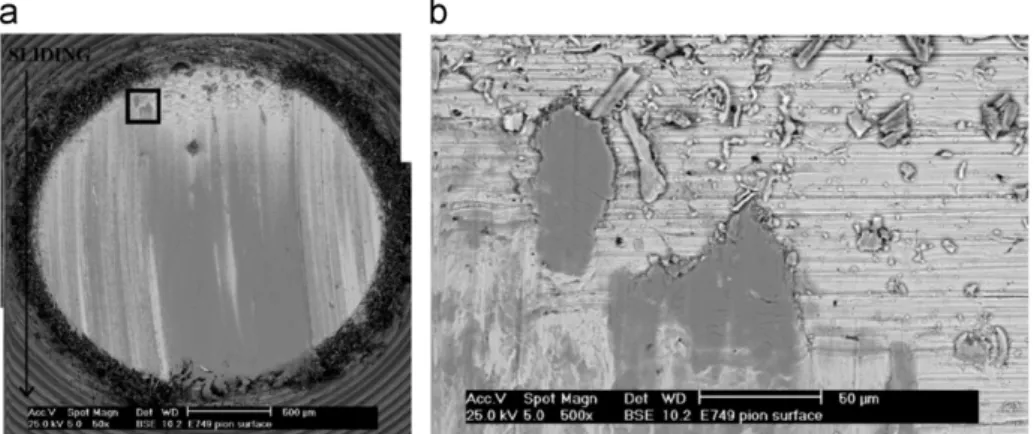 Fig. 19. ESEM observations of (a) the whole contact surface; (b) the plastic flow of the oxide layer at the pin surface.