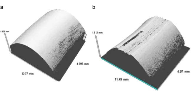 Fig. 3. Proﬁlometric scans of a part of the hemispherical contact surface of the ring, (a) before friction test and (b) after friction test.