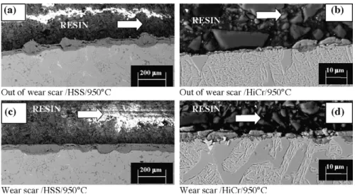 Fig. 7. Cross-section SEM observations of pin for disc temperature of 950 ◦ C for HSS (left) and HiCr (right).