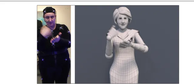 Fig. 3 Motion capture session: the real signer from the recorded video (left) and the 3D mesh of the corresponding virtual signer (right).