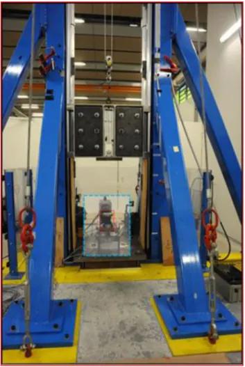 Figure 6. Photo of the drop tower testing equipment. The zone boxed in blue shows the sample and the interface parts (see details in Figures 7 and 8).