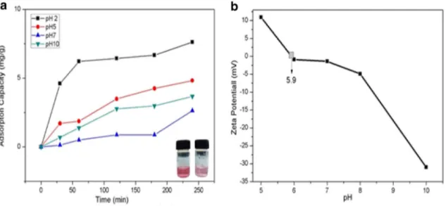 Fig. 6    Adsorption capacity AMGO-CNF nanopaper with a varying pH and b zeta potential
