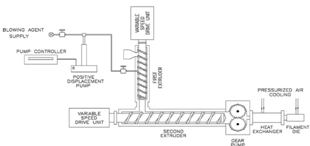 Fig. 2. Schematic of the tandem extrusion line used by Lee et al. [24–26]. (Reprinted with permission from [26], © 2005 American Chemical Society).