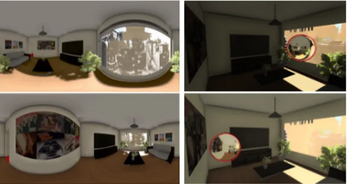 Figure 2: First row: the 360 ◦ camera is close to the window, the environment map (left) is mainly bright and the TMO darken the image (right)
