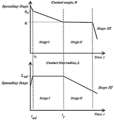 Figure 2: Changes in contact angle and radius of the droplet during evaporation [1].