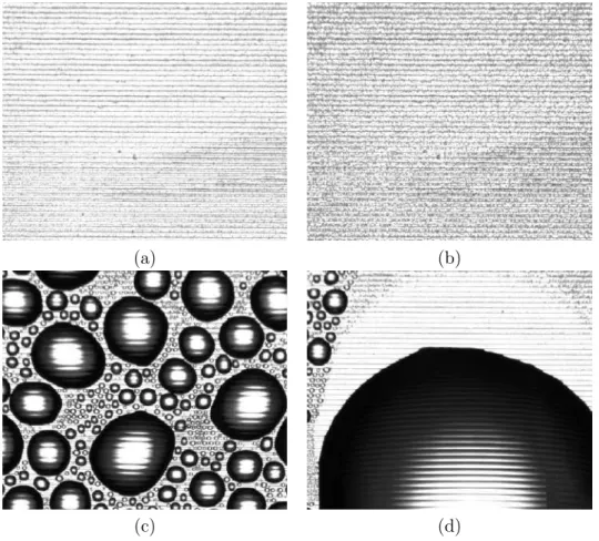 Figure 1.2: Four main steps of dropwise condensation including: (a) initial nucleation, (b) growth due to adsorption, (c) growth due to coalescence and nucleation of new small droplets, and (d) departure of big droplets.