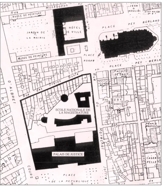 Figure 8. Plan cadastral de l’îlot judiciaire avant la construction du palais de justice (extrait du Dossier de consultation de concepteurs)