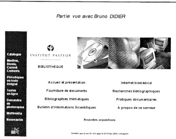 Figure 1.  Page d'accueil de  la Mediatheque  de Vlnstitut Pasteur  http://www.pasteur.fr/infosci/biblio/ 