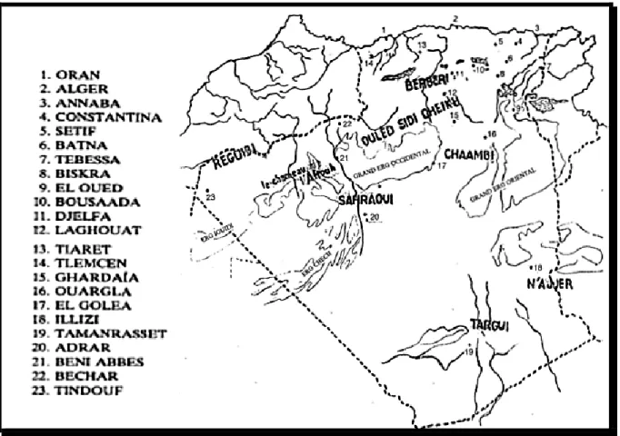 Figure 01 : Localisation des Principales Populations de dromadaires en Algérie (BEN  AISSA, 1989) 