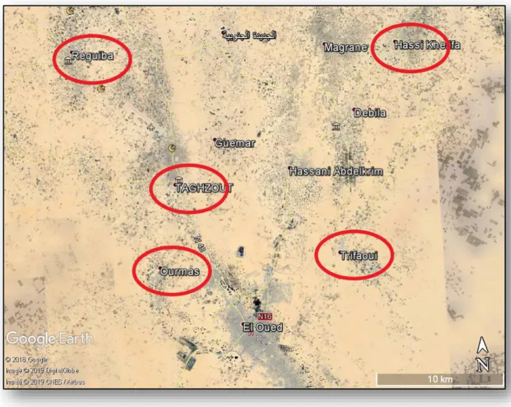 Figure 16 : Situation des stations d’étude dans la région du Souf (Google Earth, 2019)