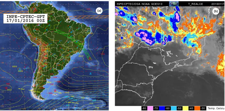 Figura 2. Carta sinótica de superfície as 00UTC (22h local) (a) e imagem do satélite GOES no canal de temperatura re- re-alçada para a região Sudeste (b) do dia 17 de janeiro de 2016 as 21UTC (19h local, horário de verão).