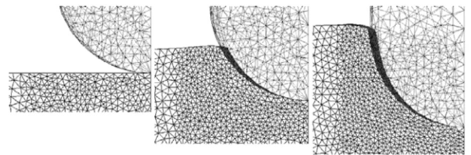 Figure 10. The initial and deformed meshes near the contact zone