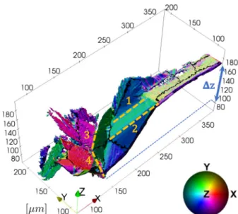 Fig. 6 The crack surface is colored accordingly to its orientation in the global reference system
