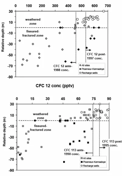 Figure 3: CFC 12 and CFC 113 concentrations versus  relative depth 