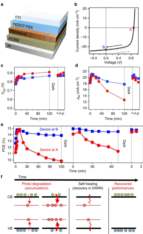 Figure 1 | Solar cell performance under constant illumination. (a) Planar solar cell architecture used in this study