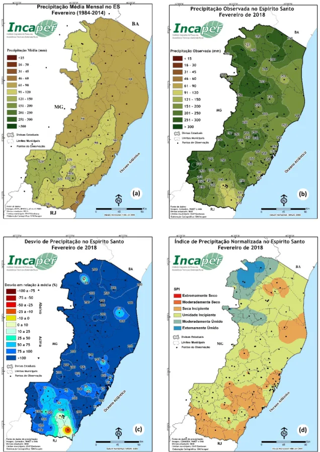 Figura 13. Precipitação média no mês de fevereiro para o Espírito Santo (mm) utilizando a série histórica de 1984 a  2014 (a); precipitação observada em fevereiro de 2018 (b); desvio de chuva (%) para fevereiro de 2018 a  partir da série histórica de 1984 