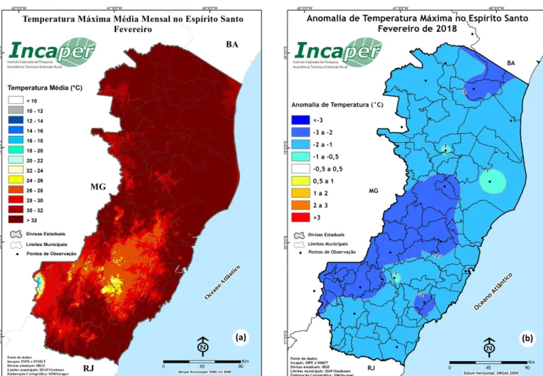 Figura 16. Temperatura máxima média no mês de fevereiro para o Espírito Santo (°C) utilizando a série histórica de  1976 a 2014 (a) e anomalia da temperatura máxima observada (°C) para fevereiro de 2018 a partir da série  histórica de 1976 a 2014 (b).