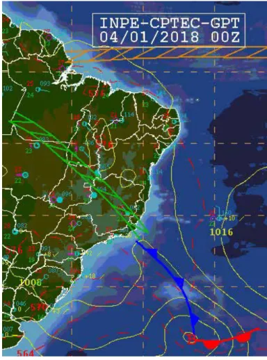 Figura 2.  Recorte  da  carta  sinótica  de  superfície  para  a  América  do  Sul  do  dia  04  de  janeiro  de  2018  as  00UTC  (22h  do  dia  03  de  janeiro  -  horário  brasileiro de verão).