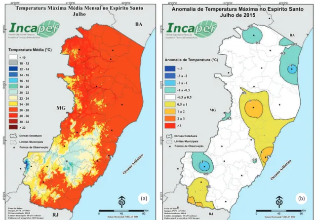 Figura 4. Média de Temperatura máxima (ºC) esperada no mês de julho para o Espírito Santo utilizando a série histórica  de 1976 a 2014 (a); e anomalia da temperatura máxima (ºC) observada para julho de 2015 a partir da série  histórica de 1976 a 2014 (b).