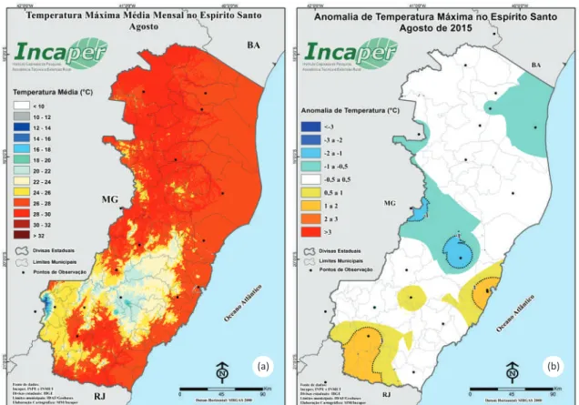 Figura  5.  Média  de  temperatura  máxima  (ºC)  esperada  no  mês  de  agosto  para  o  Espírito  Santo  utilizando  a  série  histórica de 1976 a 2014 (a); e anomalia da temperatura máxima (ºC) observada para agosto de 2015 a partir  da série histórica 